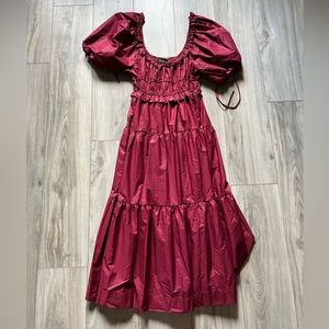 EN SAISON PUFF SLEEVE TIERED COTTON MIDI DRESS, BURGUNDY - SZ MEDIUM